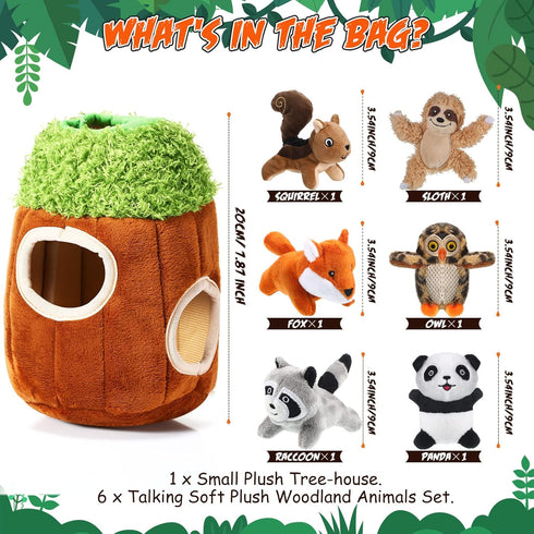 7 Pieces Dog Squeaky Toys Squeaky Hide and Seek Activity Puppy Chew Toys Plush Dog Toy Plush Stuffing Woodland Friends Stuffing with Squeakers for...