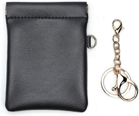 Leather Squeeze Coin Purse with Keychain Small Change Holder Slim Wallet Pouch Card Holder For Women & Men (Black)...
