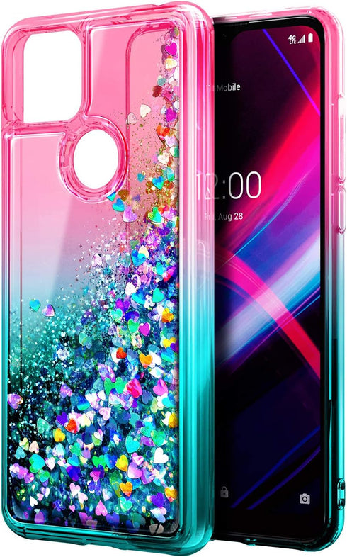 NZND Case for T-Mobile REVVL 4+ Plus with Tempered Glass Screen Protector (Full Coverage), Glitter Liquid Floating Waterfall Girls Cute Phone Case...