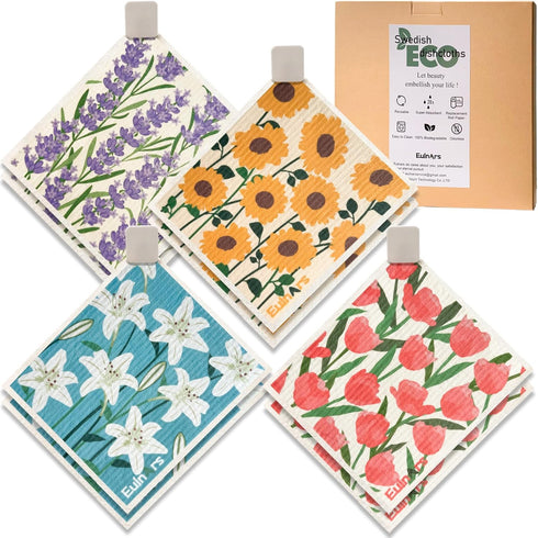 Swedish Dishcloths for Kitchen, 8 Pack Flower Swedish Dishcloths with 3 Clips, 9 Classified Labels, Reusable Paper Towels Washable, Biodegradable,...