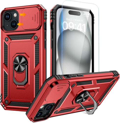 Goton for iPhone 15 Plus Case with Screen Protector - Slide Camera Cover Protective Phone Case with Ring Stand, Heavy Duty Shockproof Rugged Bumpe...