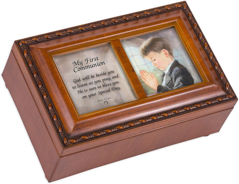 Cottage Garden First Communion God Beside You Woodgrain Rope Trim Petite Music Box Plays Handel's Hallelujah...
