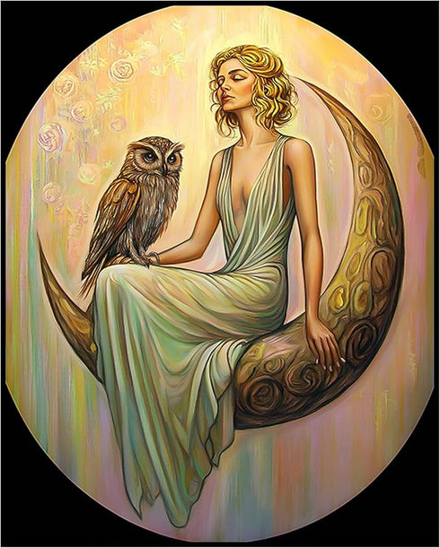 Posterizer 1 pcs-serene woman on crescent moon with an owl-oil painting style-1-Collectibles & Fine Art-Fantasy & Fiction Art-Decor for Home & Off...