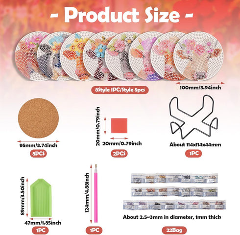 BB Beadthoven 8pcs Bohemian Diamond Art Painting Coasters Kits with Holder Floral Cow Cattle Ox Bull Diamond Coasters Kit Animal 5D Diamond Gem Pa...
