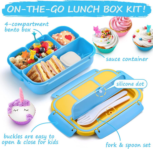 Bento Lunch Boxes with 4 Compartments, Sauce Container, Utensils, Food Picks and Muffin Cups for School or Adults, Blue...