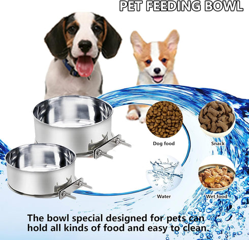 Kennel Stainless Steel Bowls Hanging Crate Durable Anti-Spill Food Feeder Dish Water Bowl 2PCS Quick Lock Cage with Clamp Holder for Small Sized D...