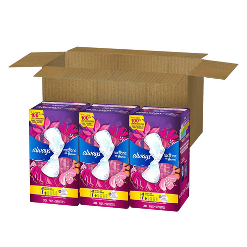 Always Radiant Feminine Pads for Women, Flexfoam Pads with Wings, Size 1, Regular Absorbency, Lightly Scented, 90 Count (3 Packs of 30)...