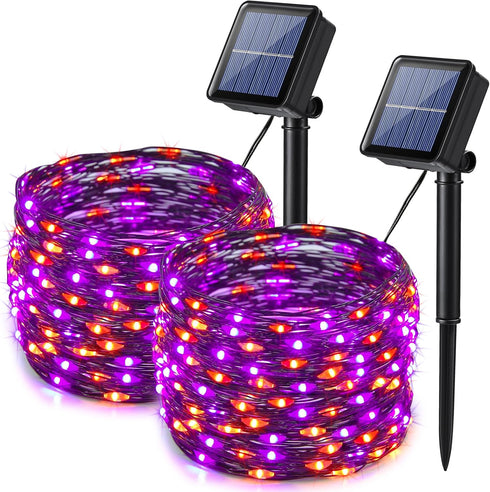 Lomotech 2 Pack Solar Lights, 33ft 100LED Orange Purple Twinkle Fairy Lights Waterproof 8 Modes Outdoor for Halloween Party DIY Decoration Black W...
