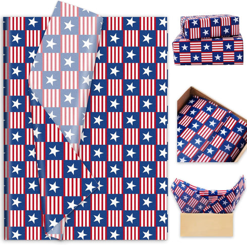 Whaline 100 Sheets Patriotic Tissue Paper Blue Red Star Stripe Gift Wrapping Paper 4th of July Decorative Art Paper for DIY Crafts Independence Da...