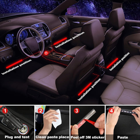 Car LED Strip Light Interior, Sound Active 4 Lines 48 LEDs Multicolor Music Sync Interior Car Lights Under Dash Waterproof led Lights for car, Wir...