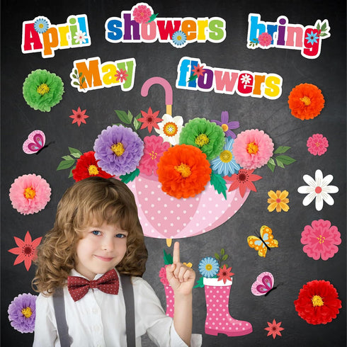 ojustbeok April Showers Bring May Flowers Bulletin Board Decorations Spring Cutouts with 3D Tissue Paper Pompoms Spring Bulletin Board Spring Flow...