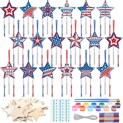 Sheroll 30 Pack 4th of July Wind Chime Kit for Kids DIY Craft Make Your Own Patriotic Star Wooden Wind Bell Decoration for Girls Boys Art Ornament...