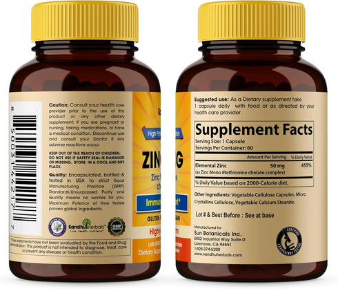 Sandhu Herbals Zinc 50mg Supplement for Men & Women| High Absorption Zinc Monomethionine complex 60 Capsules| Zinc Supplements for Immune, Acne & ...