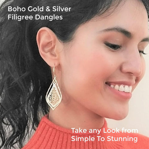 – Boho Filigree Two-Tone Dangle Earrings - Exquisite Handcrafted Jewelry for Boho Chic Style - Large Two Tone Worn Gold and Silver Plated Earring ...