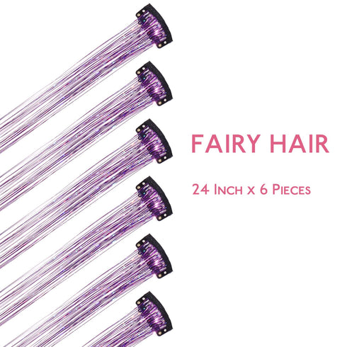 WENNALIFE Hair Tinsel Clip In Hair Tinsel for Girls Purple, 6pcs 24 inch Hair Tinsel Clips Tinsel Hair Extensions Clip in Colorful Glitter Tinsel ...