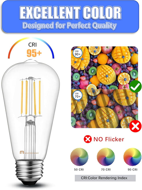 MASTERY MART Dimmable E26 Edison Bulbs 6 Pack, 5.5W (60W Equivalent), Cool White 4000K, Clear Glass ST19 ST21...