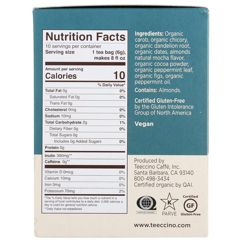 Teeccino Dandelion Mocha Mint Tea - Caffeine Free, Roasted Herbal Tea with Prebiotics, 3x More Herbs than Regular Tea Bags, Gluten Free - 10 Tea B...