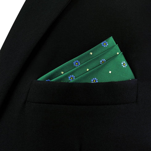 S&W SHLAX&WING Men's Pocket Square Emerald Green with Blue Flower for Suit Jacket Wedding...