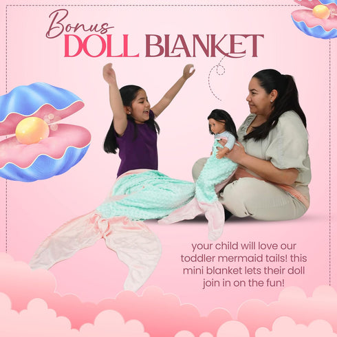 Mermaid Tail Blanket for Girls - Super Soft Flannel Sleeping Snuggle Blanket with Bonus Doll Blanket, Wearable Cozy Mermaid Tail Blankie Aqua/Pink...