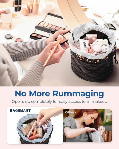 BAGSMART Barrel Drawstring Makeup Bag, Travel Toiletry Bag, Large Cosmetic Bag, Portable Make Up Bags for Women Toiletries Accessories Brush, Blac...