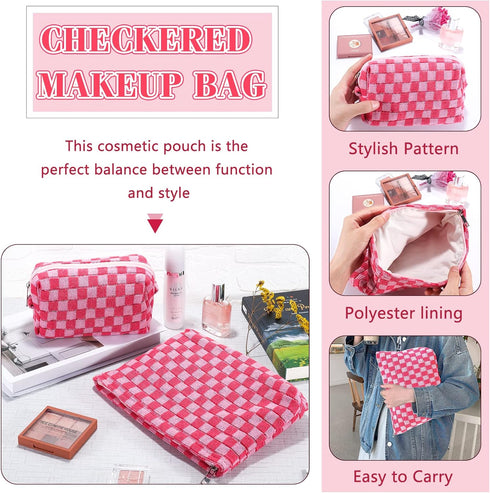 2Pcs Checkered Makeup Bag for Women Large Cosmetic Bag Set Travel Toiletry Bag Makeup Pouch Bag for Purse Pink Zipper Storage Bag Organizer Cute S...