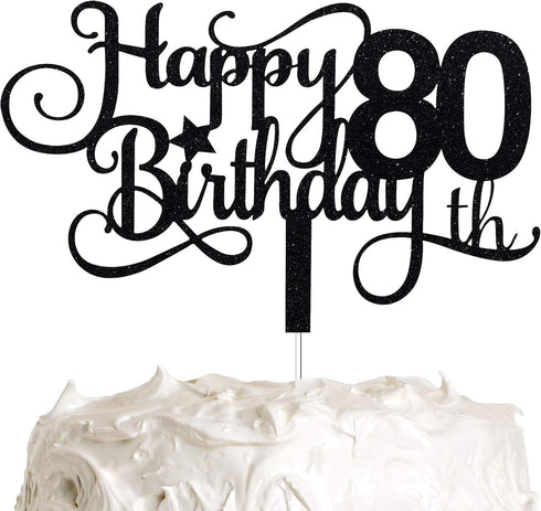 Black Glitter 80th Birthday Cake Topper, Happy 80th Birthday Cake Topper, 80th Birthday Party Decorations...