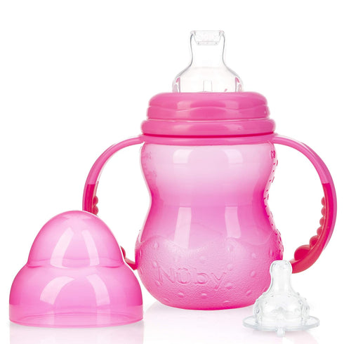 Nuby 3-Stage Wide Neck No Spill Bottle with Handles and Non-Drip Juice Spout, 3 Months, 8 Ounce, Pink...