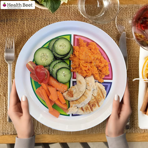 Health Beet 10” Macro Diet Portion Control Plate for Balanced Eating -3 Flat Sections for Veggies Carbs & Protein - Microwave & Dishwasher Safe Ba...