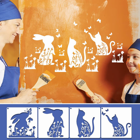 15Pcs Flower Animal Stencils for Painting On Wood Floral Nature Farmhouse Paint Stencil Dog Cat Bear Cow Bunny Reusable Embroidery Stencils for Dr...