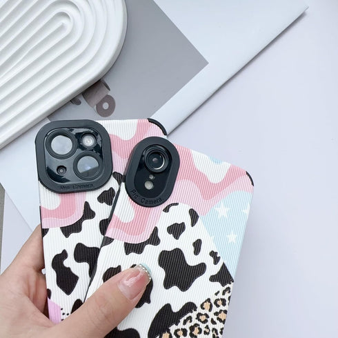 Compatible for iPhone 13 Case, Trendy Leather Animal Leopard with Cute Cow Milk Spot Pattern Design, Shockproof Slim Soft TPU Full Camera Lens Pro...