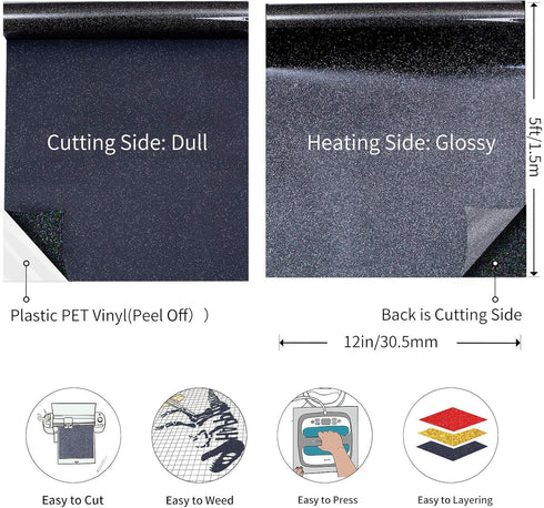 TransWonder Black Glitter HTV Glitter Heat Transfer Vinyl 12inx5ft Glitter Iron on Vinyl HTV Vinyl for Cricut T Shirts (Black)...