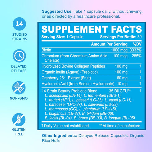 BioEmblem Beauty Probiotics for Women, 35 Billion CFU 14 Strains with Biotin, Collagen, Prebiotics for Digestive Health, Hair Skin and Nails, Vagi...
