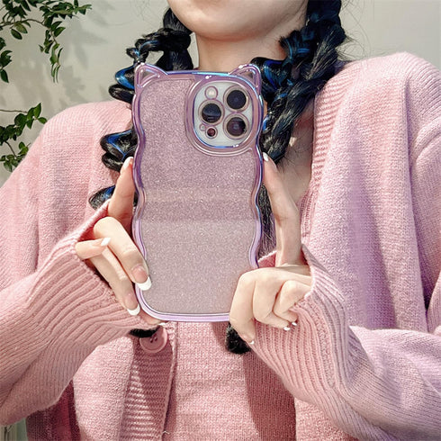 Compatible with iPhone 11 Case for Women/Girls, Cute Cat Ears Luxury Plating Glitter Bling Back Curly Wave Anti-Scratch Shockproof Case for iPhone...