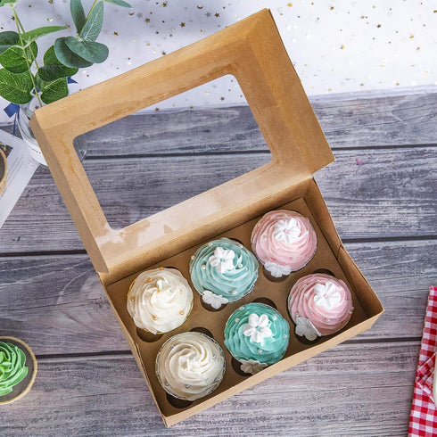 ONE MORE Cupcake Boxes with Inserts 6 Holders,9.5x6.3x3inch Large Brown Kraft Standard Bakery Boxes with Window Food Grade Cake Carrier Container ...