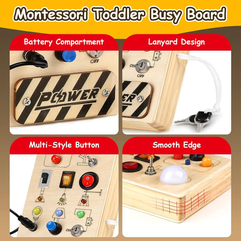 Joyreal Montessori Busy Board Toy for Toddlers, LED Wooden Sensory Board with 8 Switch Light Designs, Early Activity Motor Skills Educational Toys...