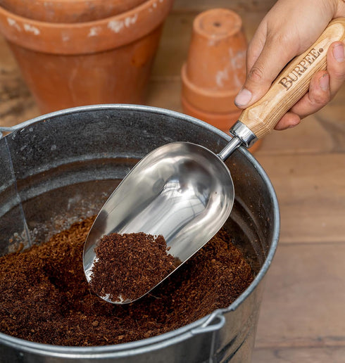 Burpee 15" Stainless Steel Soil Scoop | Durable Long Lasting Garden Tool | Leather Wrist Strap 5" Handle, 10 Year Warranty, Oak...