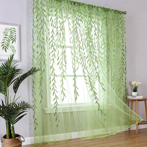Green Sheer Curtains 108 Inches Long for Living Room, Vine Leaf Patterned Curtains 2 Panels Green Bedroom Curtain Sheers Voile Transparent Window ...