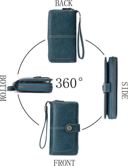 Womens Wallet Leather Large Capacity Card Holder Zipper Wristlet Wallets for Women-peacock blue...