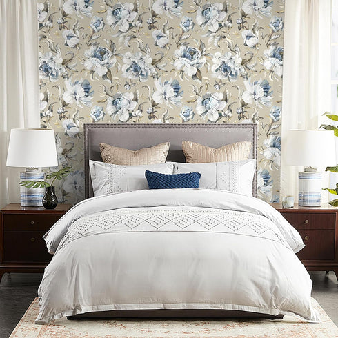 HAOKHOME 94030-2 Vintage Damask Wallpaper Peel and Stick Floral Removable Wall Paper Tan/Cream/Blue for Bedroom Contact Paper 17.7in x 9.8ft...