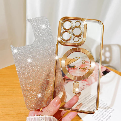 Fiyart Designed for iPhone 15 Pro Case,Compatible with MagSafe Love Heart Plating Camera Protection Clear Phone Case, Magnetic Glitter for Women G...