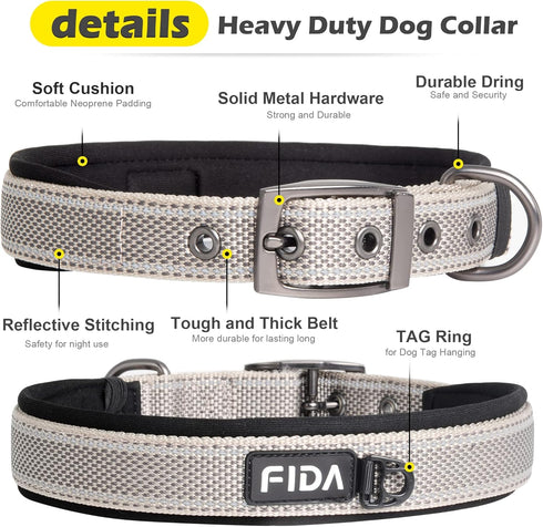 Fida Heavy Duty Dog Collar, Ultra Comfortable Soft Neoprene Padded, Adjustable Reflective Nylon Pet Collar with Durable Metal Belt Buckle for Larg...