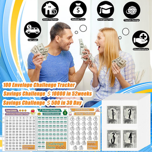 25 Sheets A5 Ring Binder Inserts for 100 Envelopes Money Saving Challenge Binder, with 3 Sheets Savings Challenge Tracker, Pre-Labeled 1-100 Money...