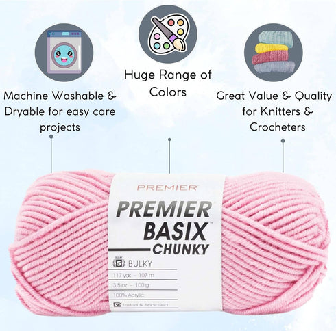 Premier Basix Chunky Knitting Yarn Bubblegum 1145-20 (3-Pack) Same Dye Lot Chunky Bulky #5 Soft 100% Acrylic Bundle with 1 Artsiga Craft Bag......