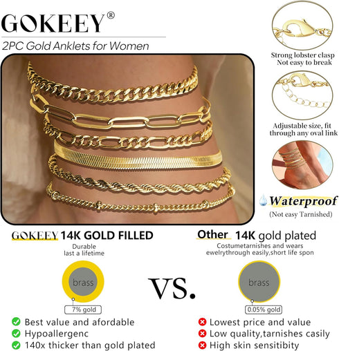 Gold Ankle Bracelets for Women Waterproof 14K Gold Plated Anklets Layered Cuban Link Chain Herringbone Cute Anklets Set Pack Dainty Summer Beach J...