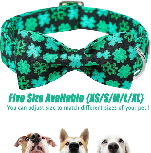 St.Patrick's Day Clover Dog Collars with Bow Tie,Black Clover Soft Cotton with Safety Metal Buckle Adjustable Puppy Collars for Large Boy & Girl D...