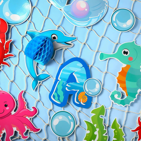 76 Pieces Ocean Themed Party Decorations Under Sea Cutouts with Ocean Sea Animals Honeycomb Centerpiece with Fishing Net for Classroom Bulletin Bo...