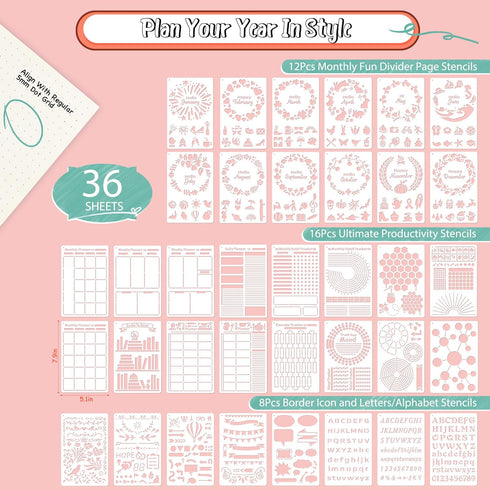 36Pcs Bullet Journal Stencils Templates Set (5.1 * 7.9 Inch) - Bullet Journals Accessories/Supplies Kit - Journal Stencils for Bullet Journaling -...