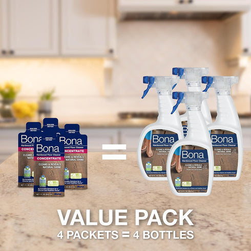 Bona Hardwood Floor Cleaner Concentrate, Unscented, 1 fl oz, Pack of 4 (Makes 128 fl oz) - Residue-Free Floor Cleaning Concentrate Spray Mops and ...