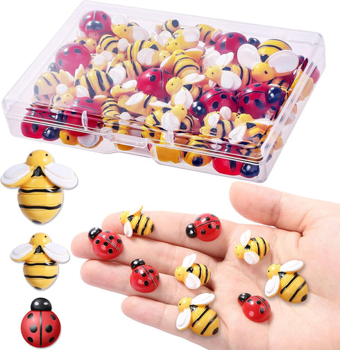 MIKIMIQI 60 Pcs Tiny Resin Bees Ladybugs Decor, Including 30 Pcs Bumble Bee Embellishment 30 Pcs Resin Ladybug Craft Decorations with Storage Box ...