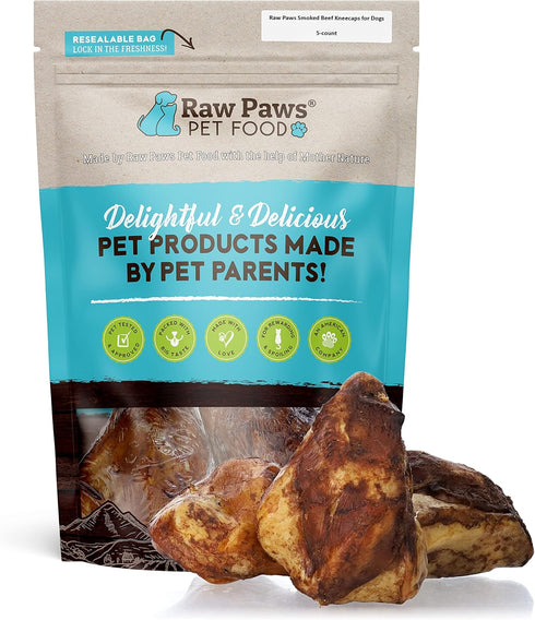 Raw Paws Smoked Beef Kneecaps for Dogs, 5-ct - Packed in USA - Free Range, Antibiotic Free - Beef Knee Cap Bones for Dogs - Smoked Beef Bones - Do...